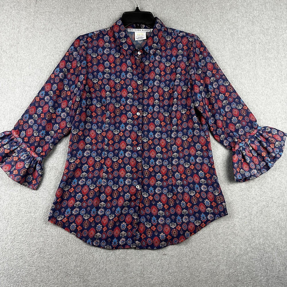 Gretchen Scott Shirt Womens Medium Blue Red Ruffle Cuff Button Down 3/4 Sleeve